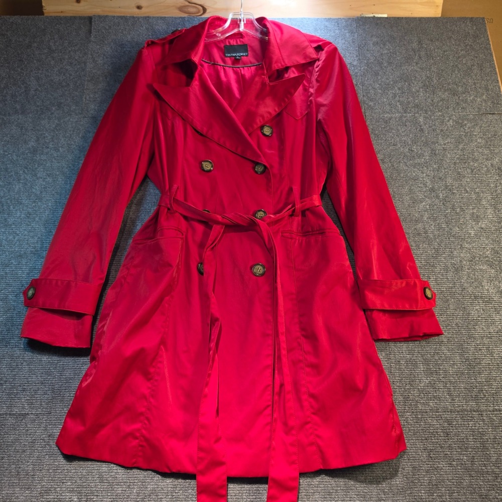 Cynthia Rowley Trench Coat Womens Large Red Excellent Double Breasted Belted